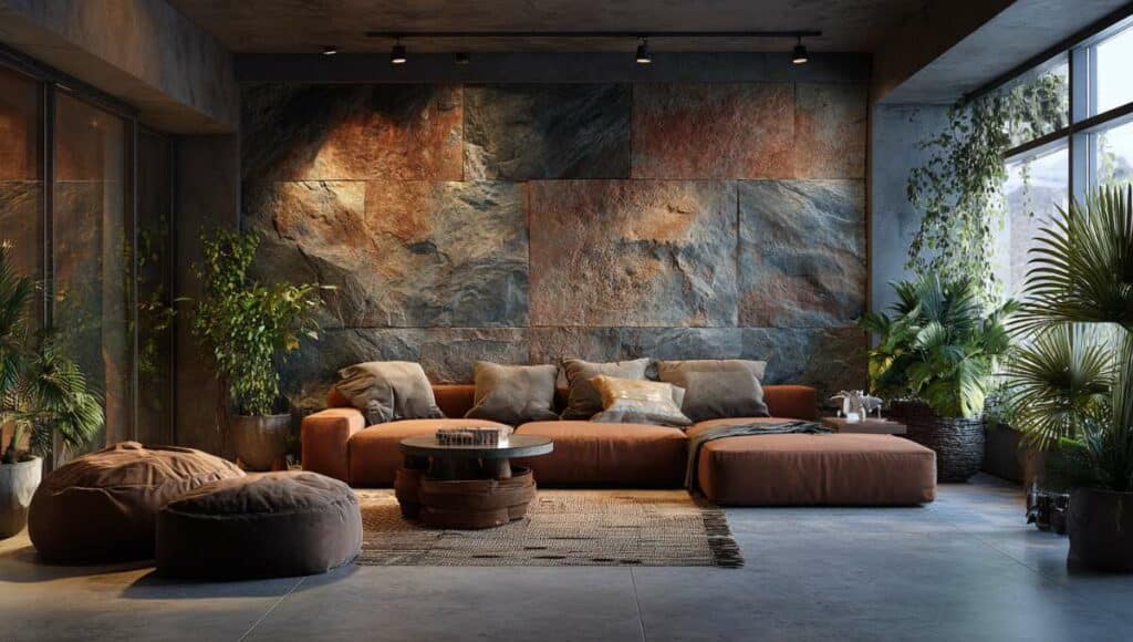 Salon méditerranéen avec mur en feuille de pierre naturelle couleur terracotta