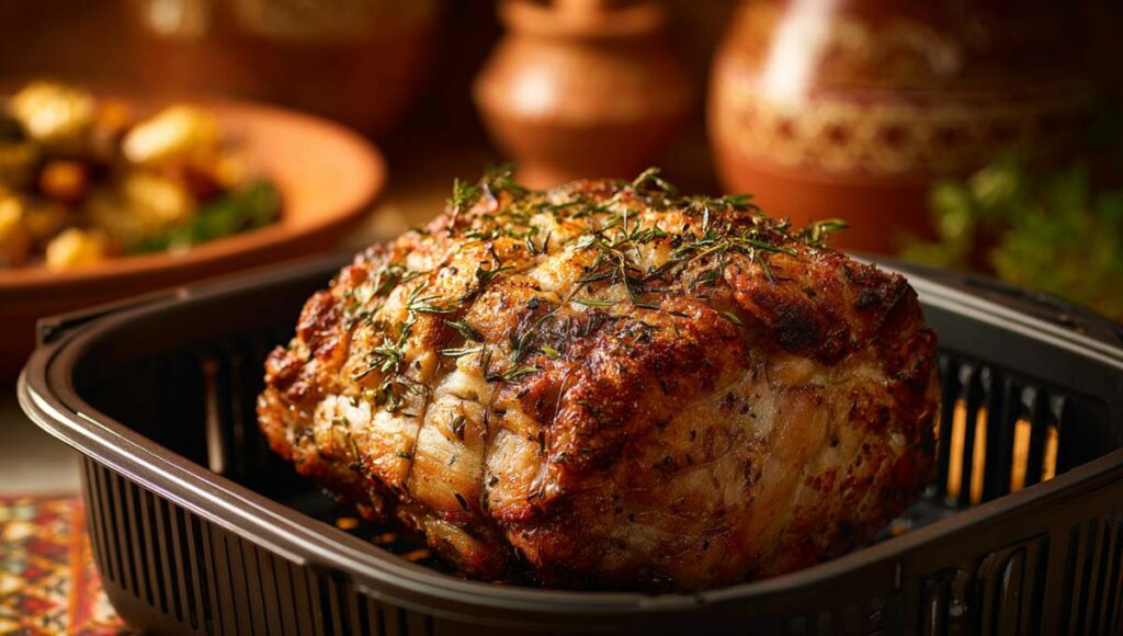 Rôti de porc doré cuit au airfryer avec une croûte caramélisée aux herbes