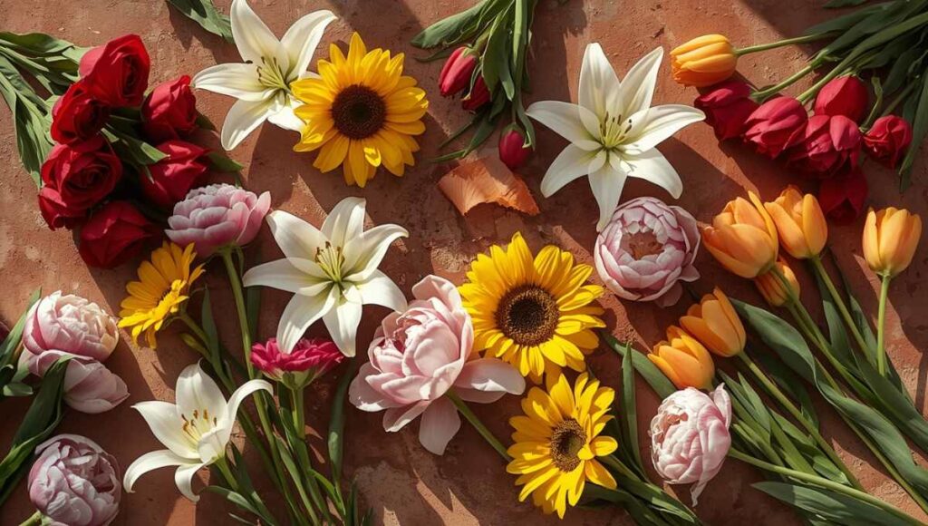 Bouquet de fleurs multicolores disposées sur une surface terracotta illustrant les différentes significations des couleurs florales