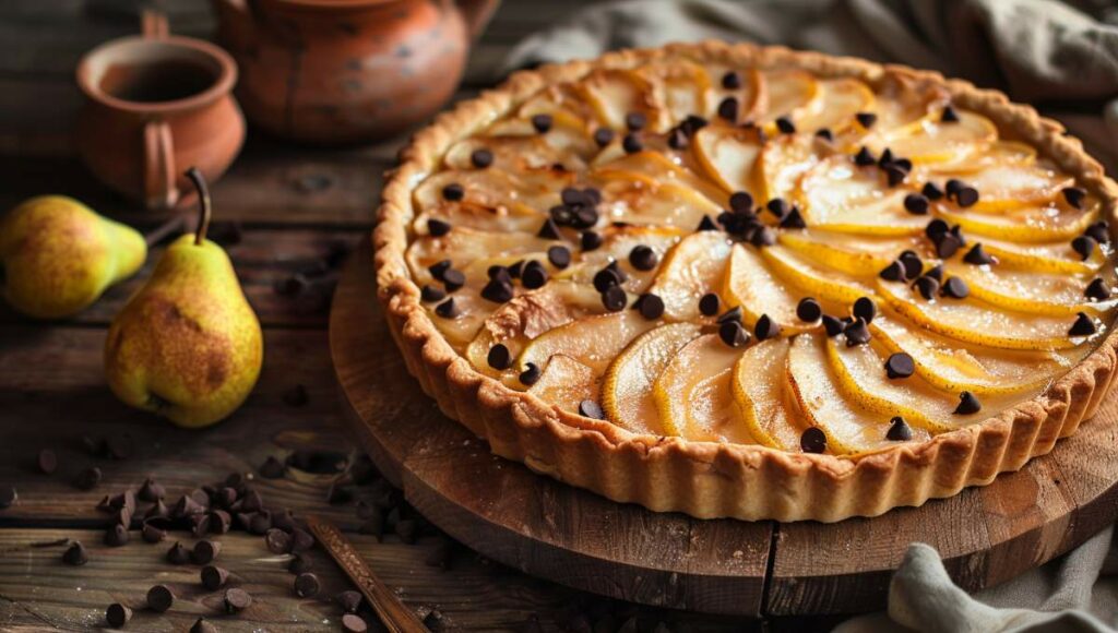Tarte aux poires de Cyril Lignac dorée avec crème d'amandes et pépites de chocolat sur table en bois