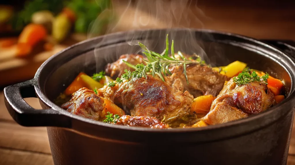 Tendron de veau cuit en cocotte minute, morceaux fondants avec carottes et herbes aromatiques
