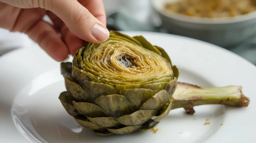 Test de cuisson de l'artichaut en tirant délicatement une feuille extérieure