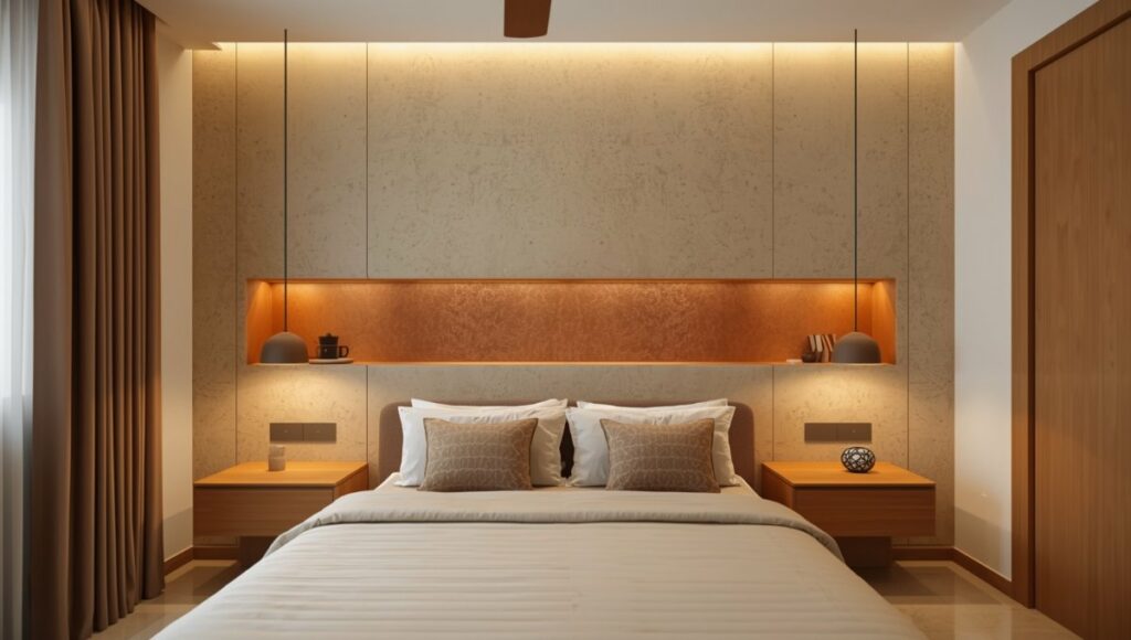 Tête de lit en placo avec niches intégrées et éclairage LED indirect dans une chambre moderne aux tons terracotta