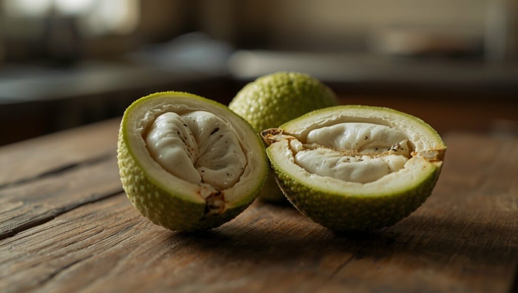 Zatte ou pomme cannelle coupée en deux montrant sa chair crémeuse blanche