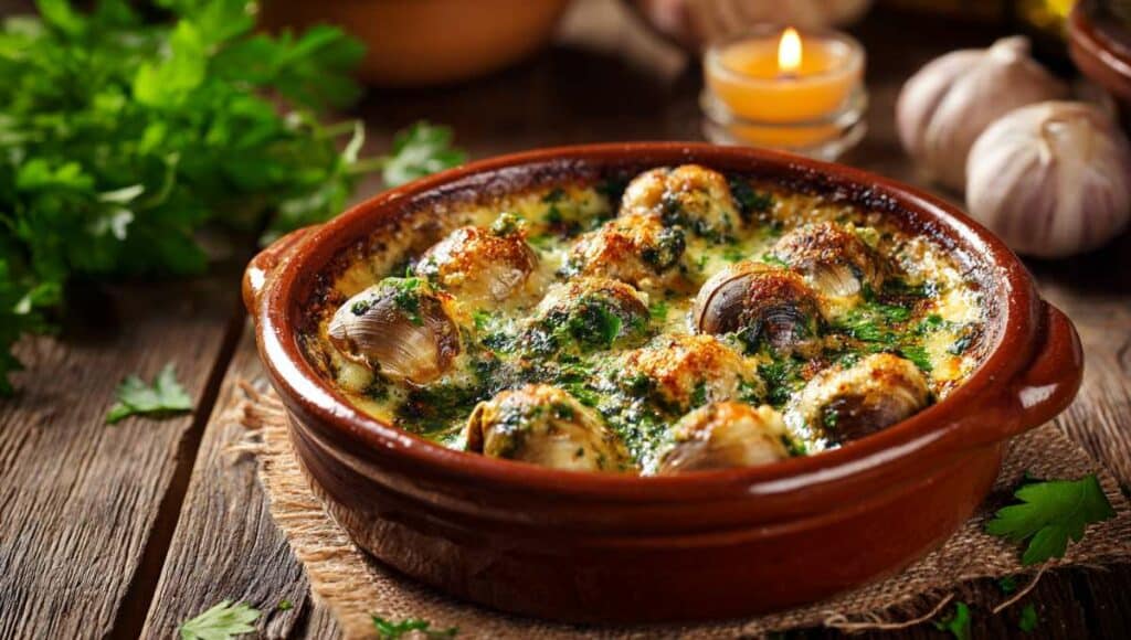 Cassolette d'escargots traditionnelle avec sauce crémeuse à l'ail et au persil, gratin doré