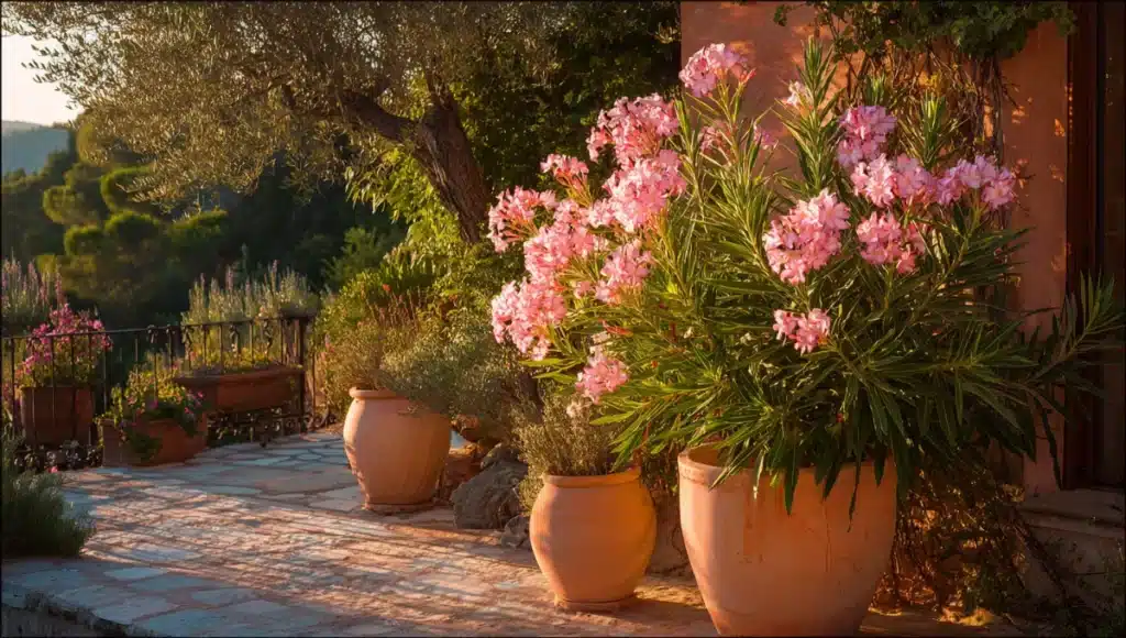 Laurier rose en fleurs roses sur une terrasse provençale avec pots en terre cuite