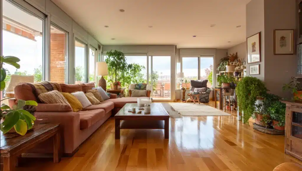 Parquet vitrifié dans un salon méditerranéen lumineux