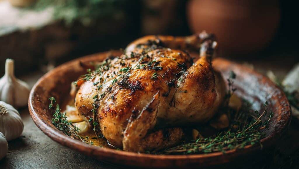Pintadeau rôti doré au four avec peau croustillante, dressé sur un plat en céramique avec herbes aromatiques
