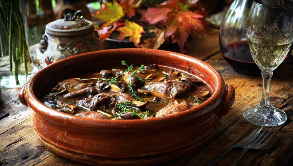 Salmis de palombe dans une cocotte en terre cuite, sauce parfumée au vin blanc et champignons, recette traditionnelle du Sud-Ouest