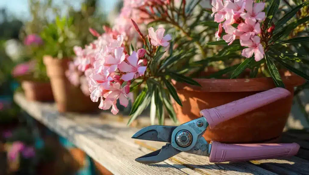 Sécateur professionnel posé à côté d'un laurier rose à tailler au printemps