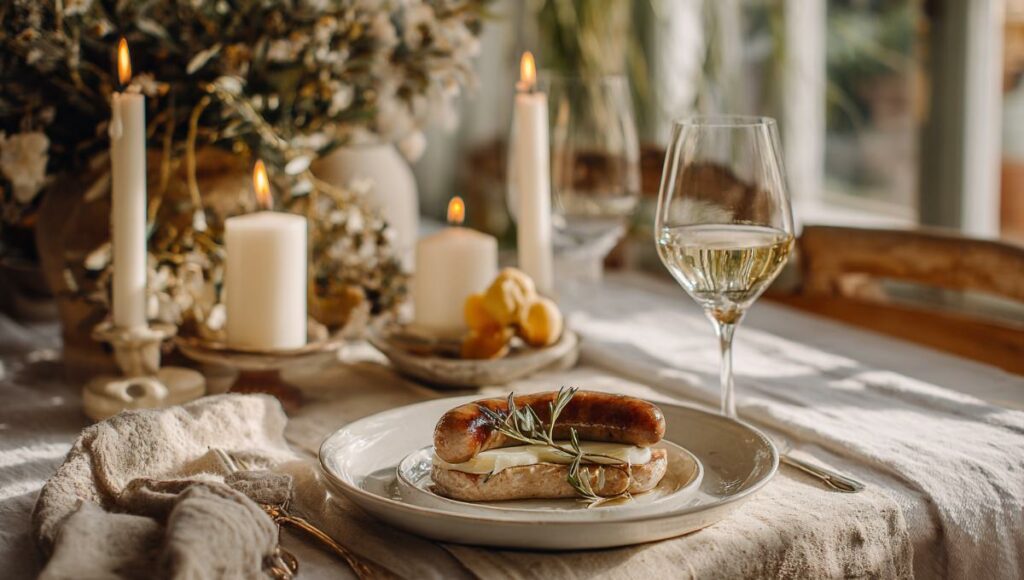 Table élégamment dressée avec assiette de boudin blanc et ses accompagnements pour un repas convivial