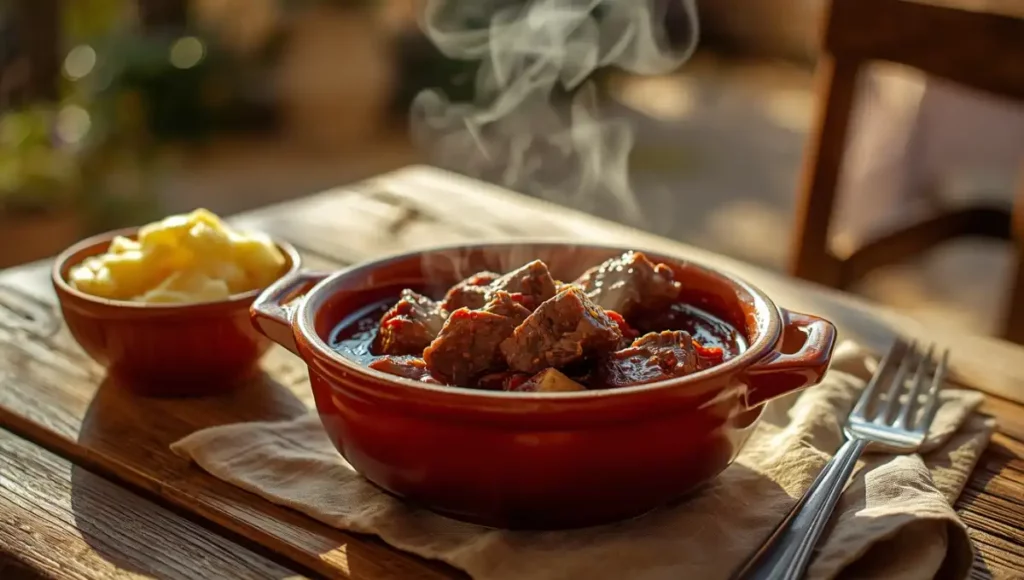 Un plat de bœuf bourguignon fumant servi avec une purée de pommes de terre maison sur une table en bois rustique.