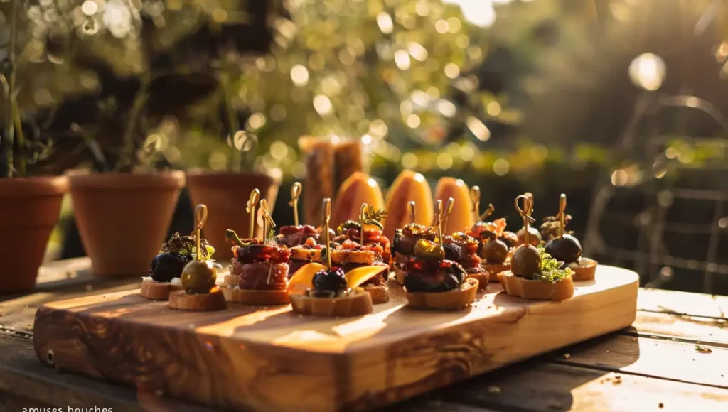 Assortiment d'amuses-bouches magret de canard séché sur une planche en bois : bouchées pruneaux, toasts chèvre-figues et brochettes melon-magret, sur une terrasse ensoleillée du Sud.