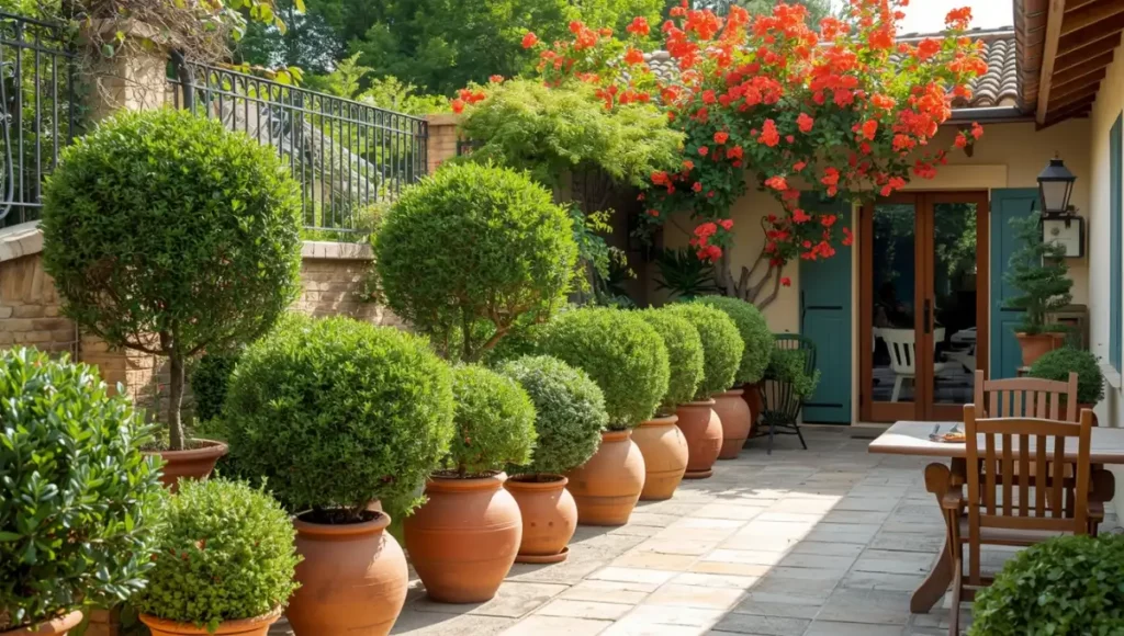 Terrasse méditerranéenne décorée avec plusieurs arbustes en pot increvables dont buis et laurier-rose
