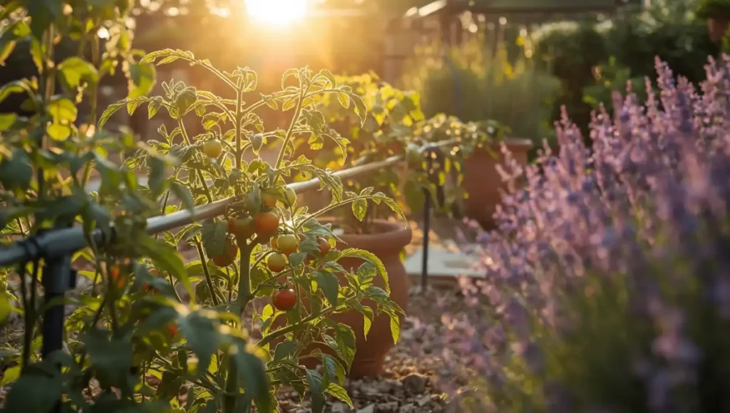 Système d'arrosage goutte-à-goutte dans un jardin méditerranéen au petit matin avec plants de tomates