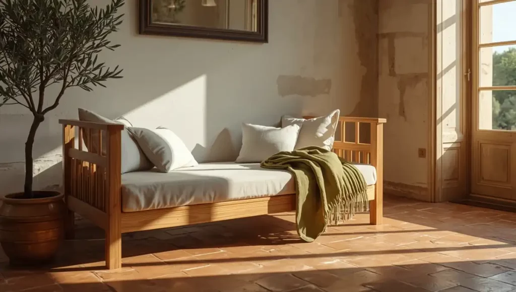 Lit banquette en bois avec coussins en lin dans un salon lumineux de style méditerranéen