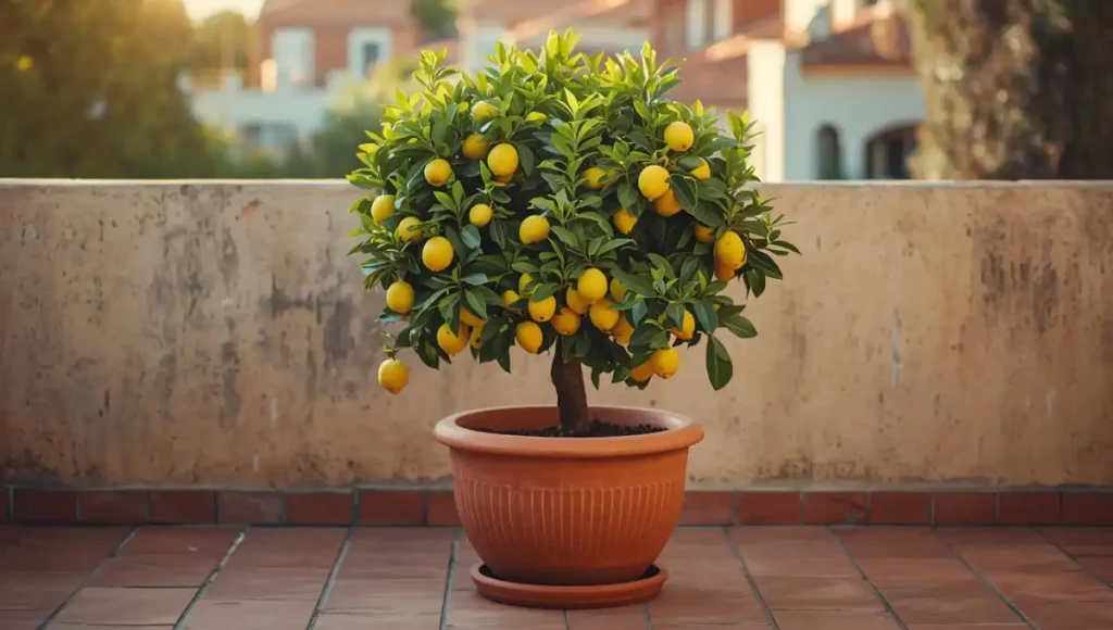 Citronnier en pot taillé en forme arrondie avec citrons mûrs sur terrasse méditerranéenne
