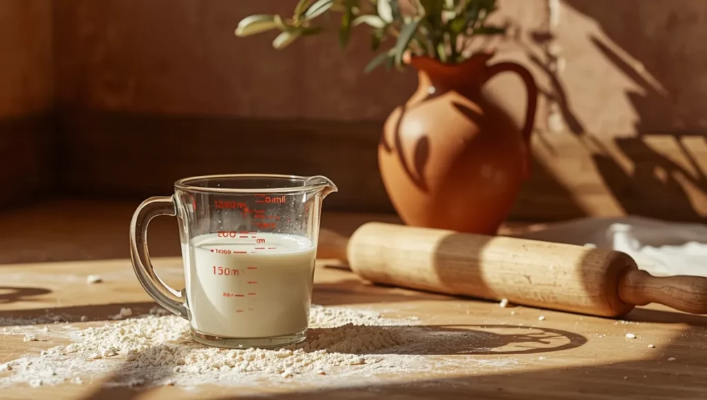 Verre doseur de 150 ml posé sur un plan de travail en bois dans une cuisine ensoleillée pour illustrer la conversion en cl.