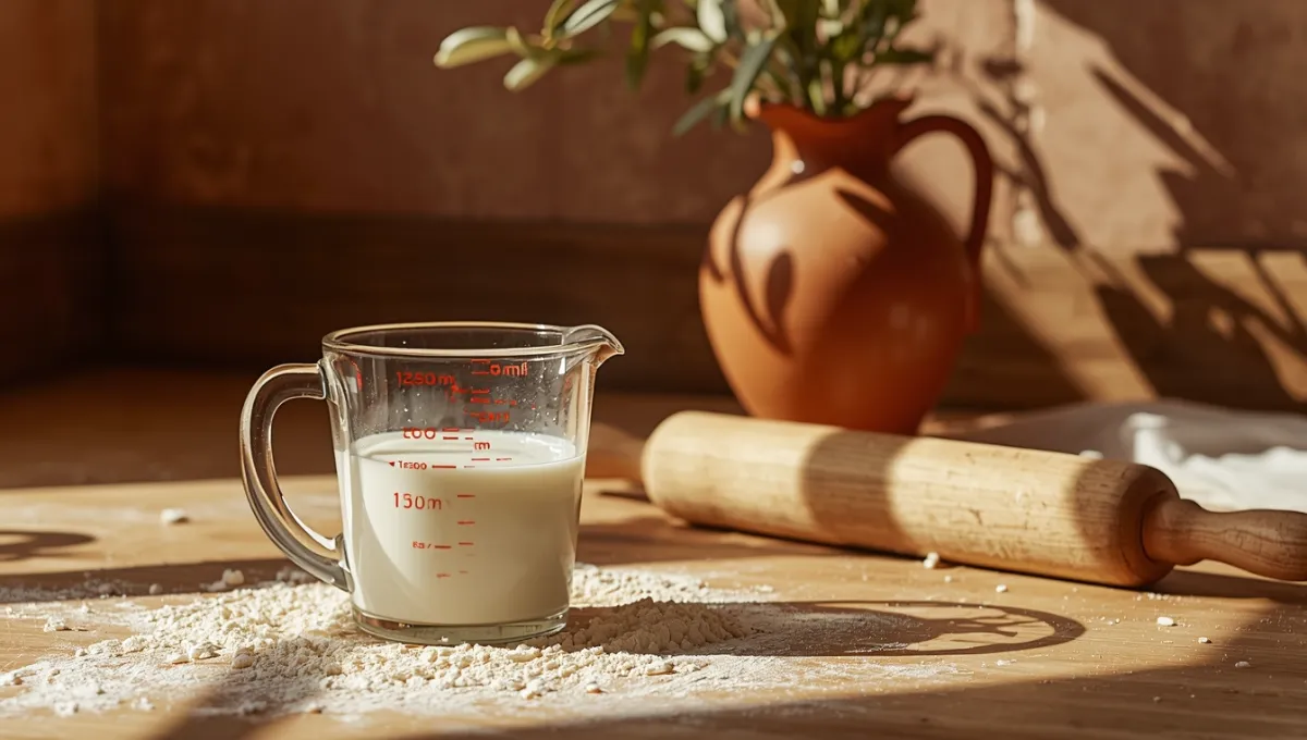 Verre doseur de 150 ml posé sur un plan de travail en bois dans une cuisine ensoleillée pour illustrer la conversion en cl.