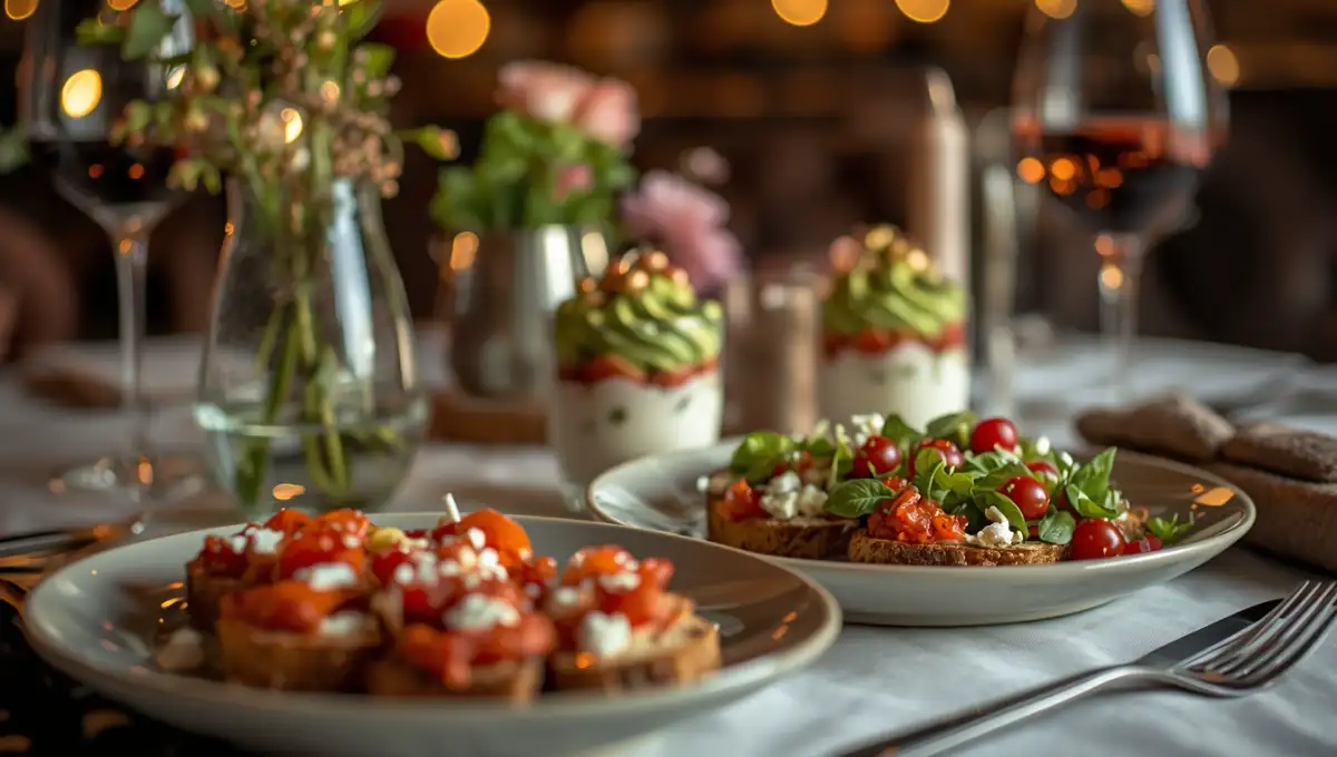 Entrée froide économique pour Saint-Valentin : verrines avocat-fromage, salade betterave-feta et toasts rillettes de thon, présentation romantique et cosy.