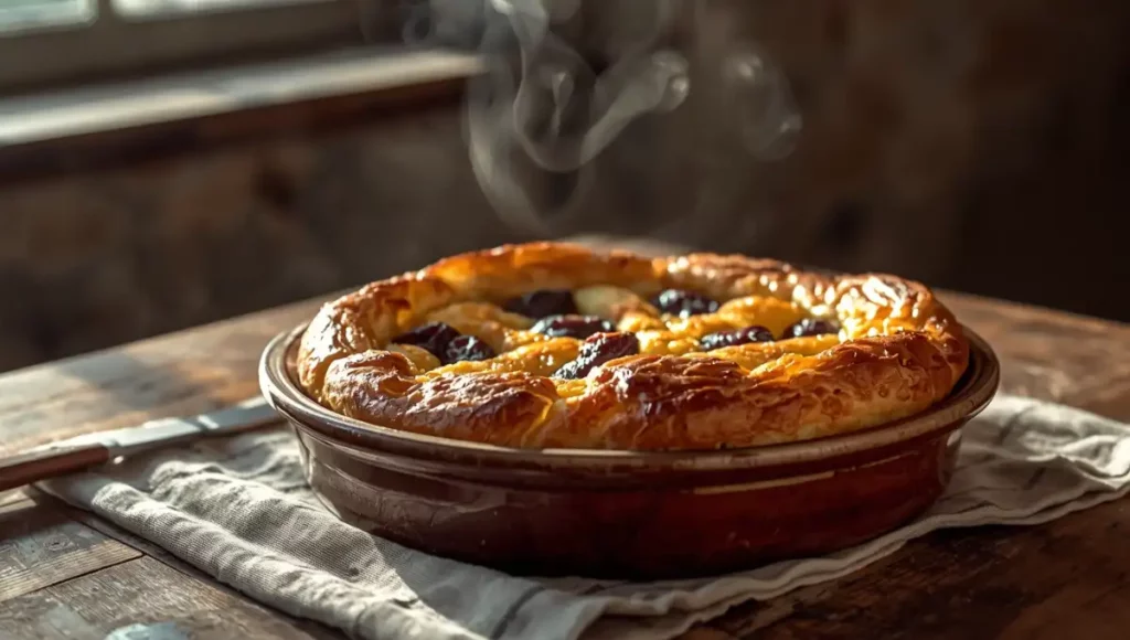 Far breton traditionnel bien doré avec des pruneaux, servi dans un plat en terre cuite sur une table en bois rustique.