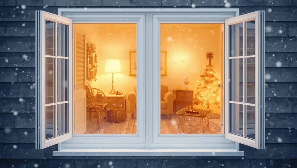 Fenêtre avec film thermique anti-froid posé, montrant l’intérieur chaud et confortable malgré l’hiver glacé à l’extérieur. Solution d’isolation efficace pour réduire les pertes de chaleur.