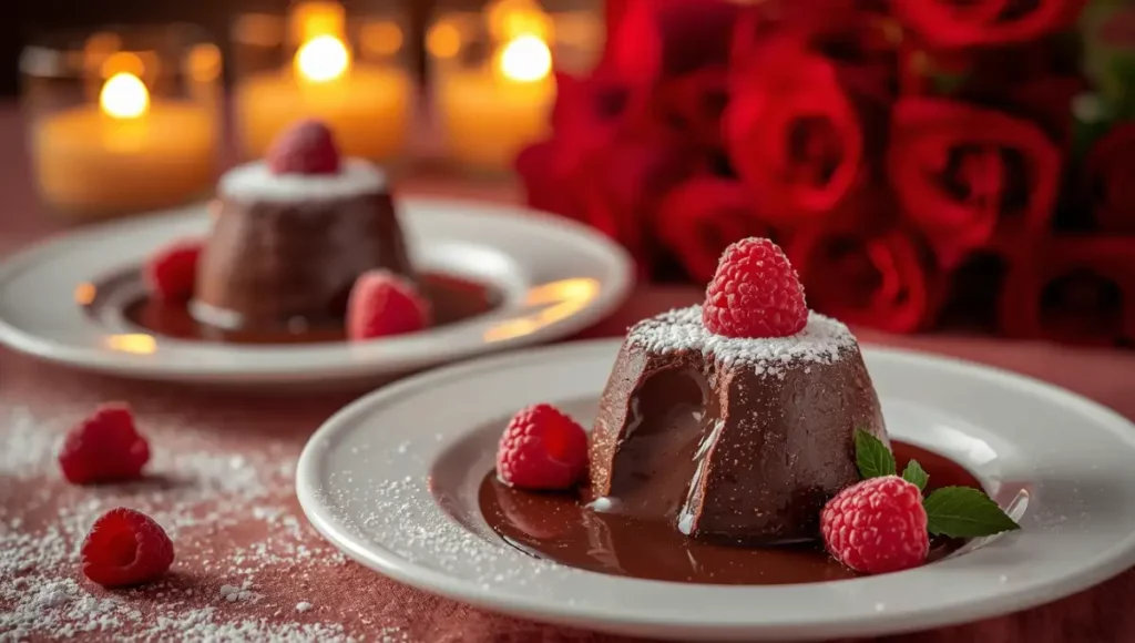 Deux fondants au chocolat individuels avec cœur coulant sur assiettes blanches, décor romantique Saint-Valentin