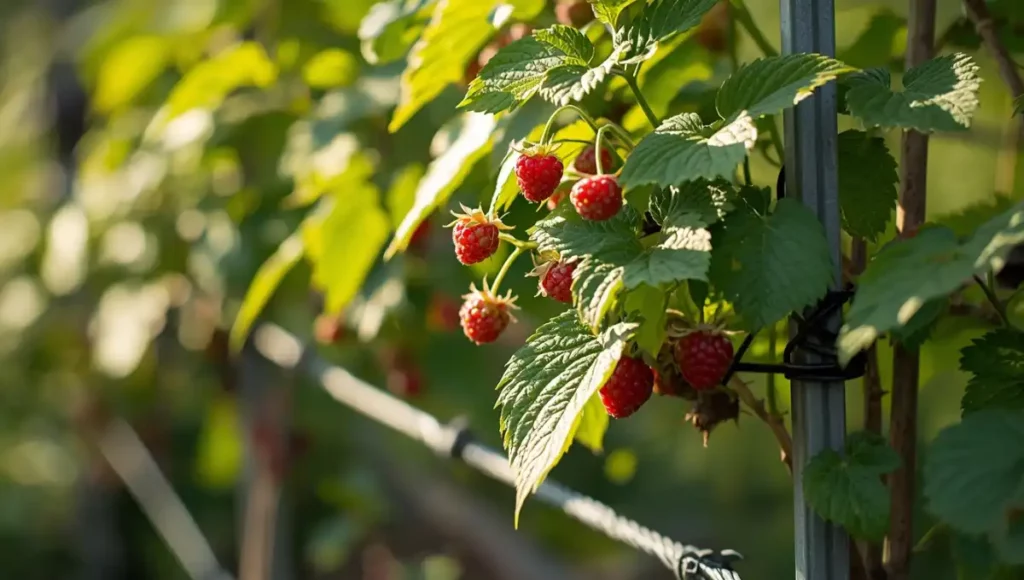Framboisier bien taillé et palissé à hauteur idéale avec framboises mûres faciles à récolter