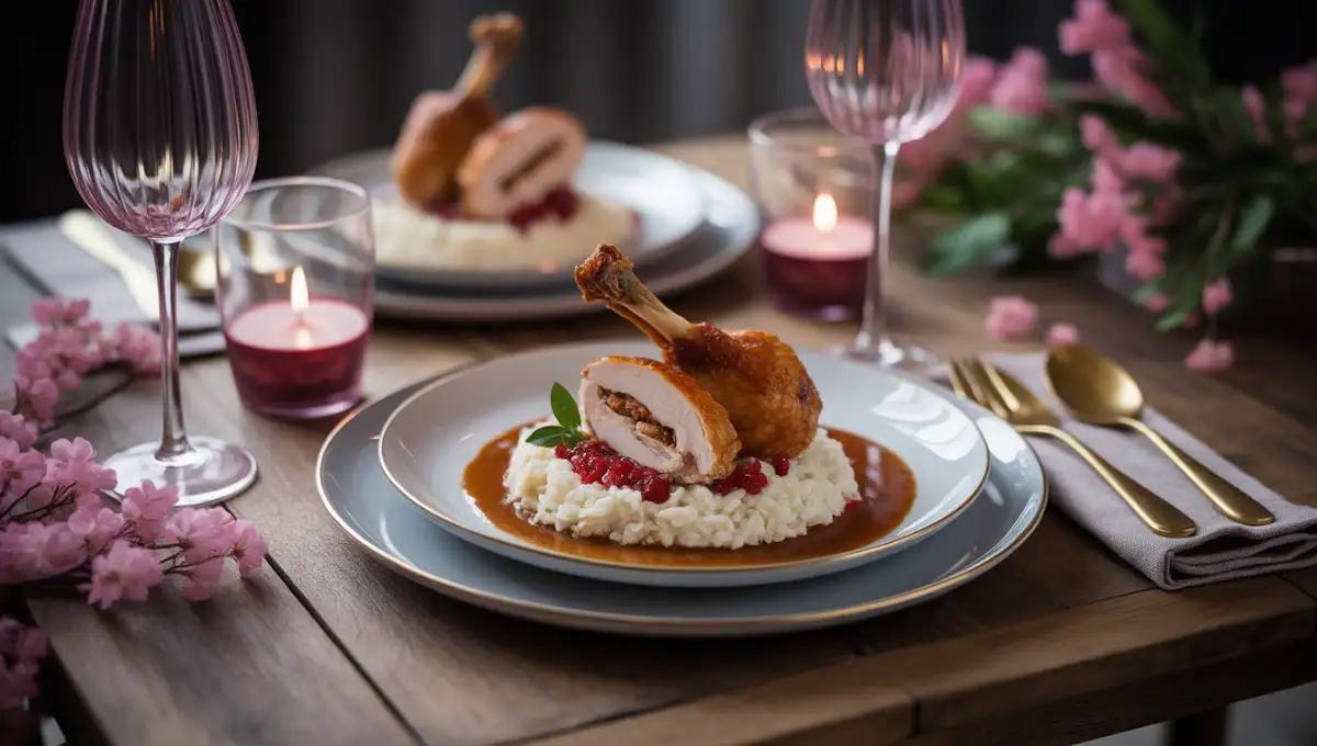Menu complet économique pour Saint-Valentin pour deux personnes : entrée, plat et dessert, présenté de manière romantique et cosy.