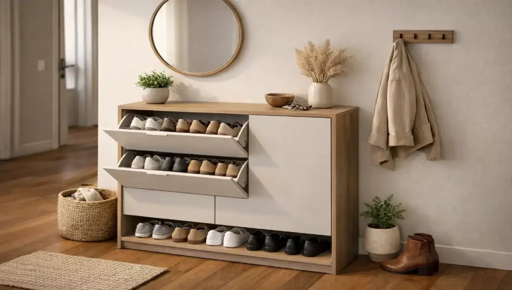 Meuble à chaussure Nano compact dans une entrée étroite et lumineuse.