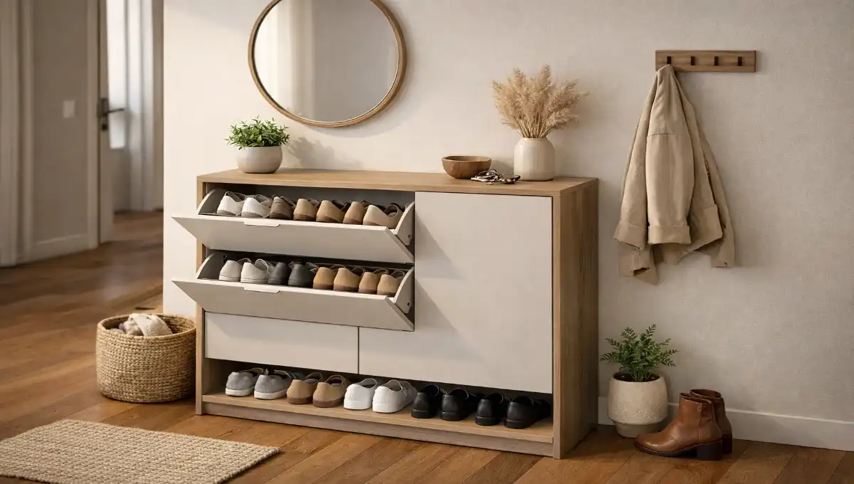 Meuble à chaussure Nano compact dans une entrée étroite et lumineuse.