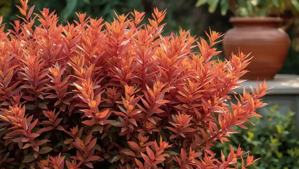 Nandina domestica avec feuillage rouge orangé en automne dans un jardin méditerranéen