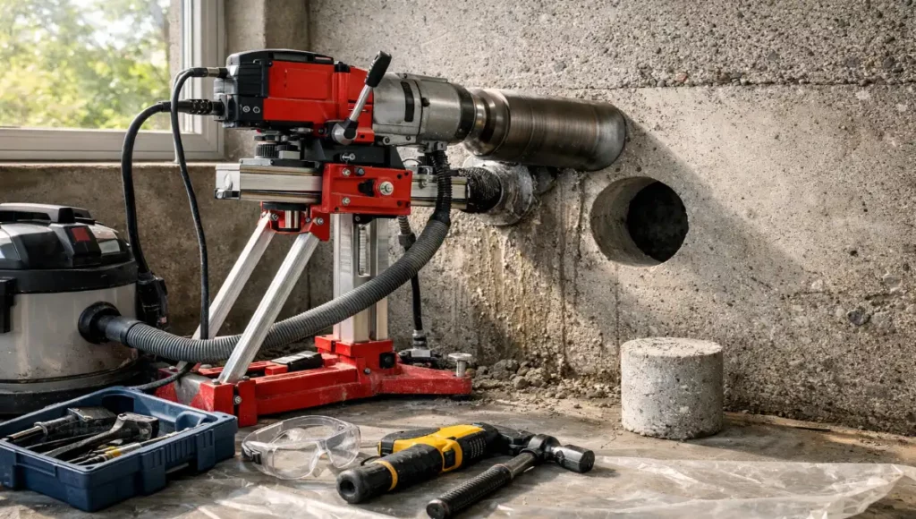 Carottage d'un mur porteur pour créer un trou de 10 cm proprement avec un trépan diamanté.