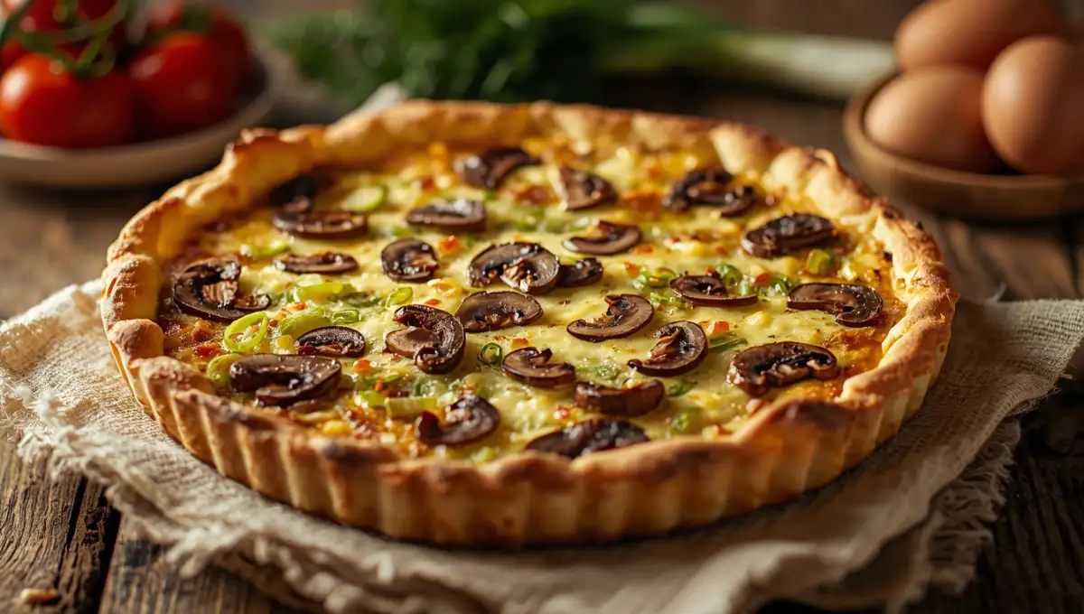 Quiche aux légumes sans œufs avec appareil crémeux au tofu soyeux sur table en bois rustique