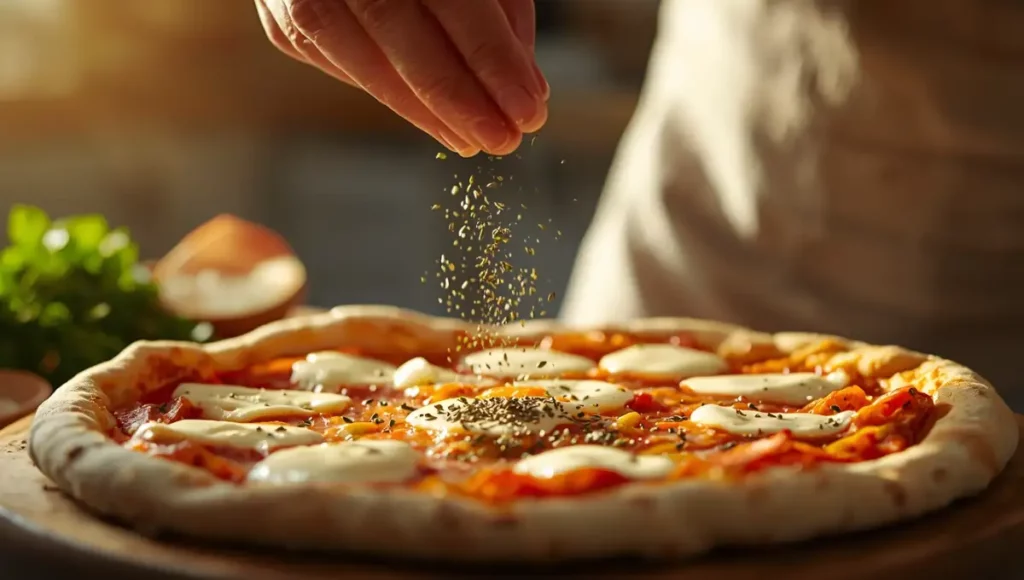 Saupoudrage d'herbes de Provence sur une pizza maison en alternative à l'origan.
