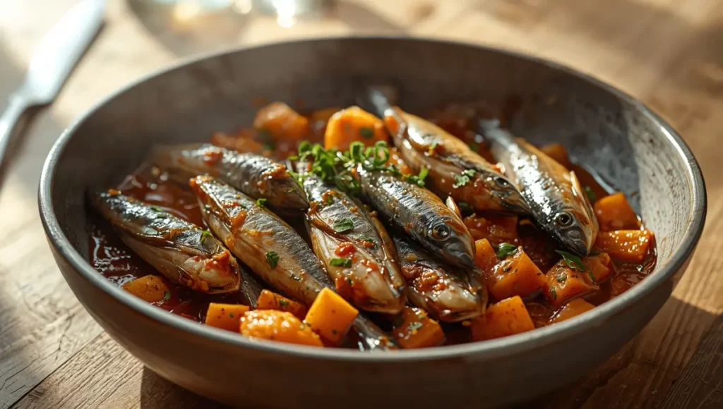 Sardines farcies dorées au four dans un plat en terre cuite méditerranéen