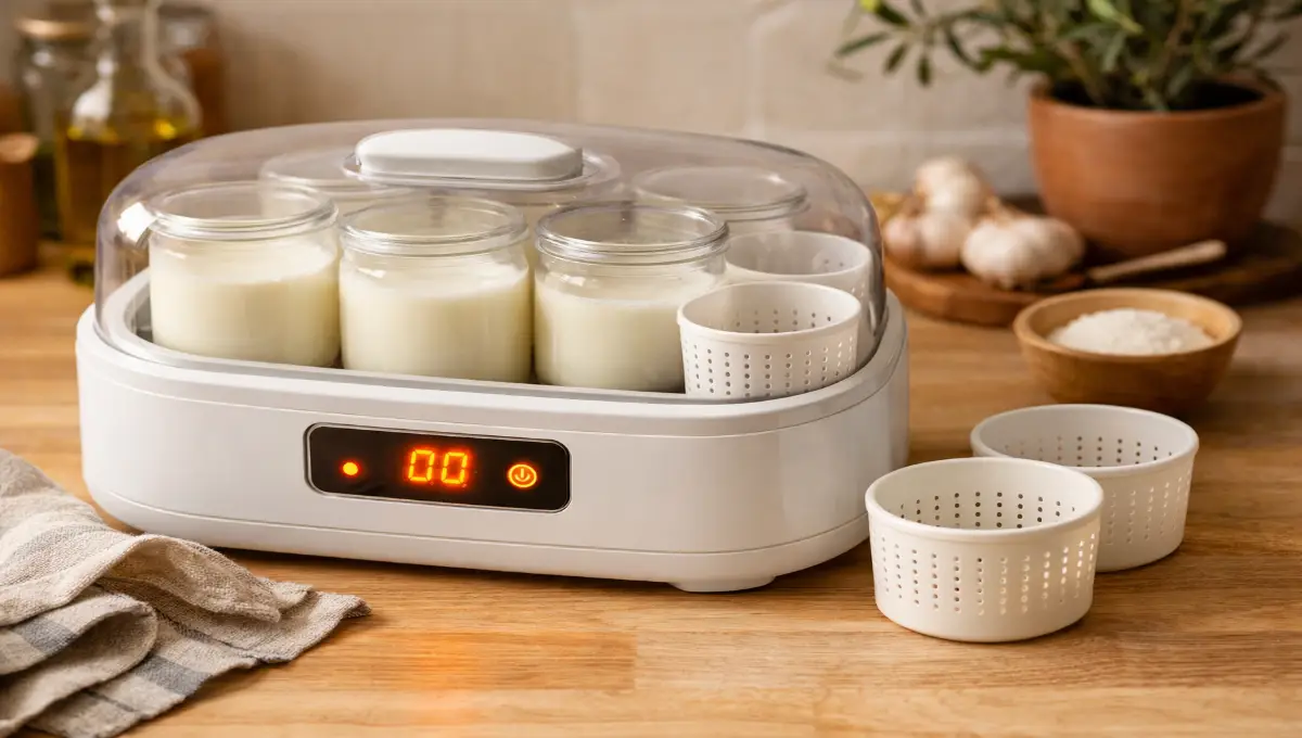 Yaourtière en fonctionnement avec pots de faisselle en fermentation