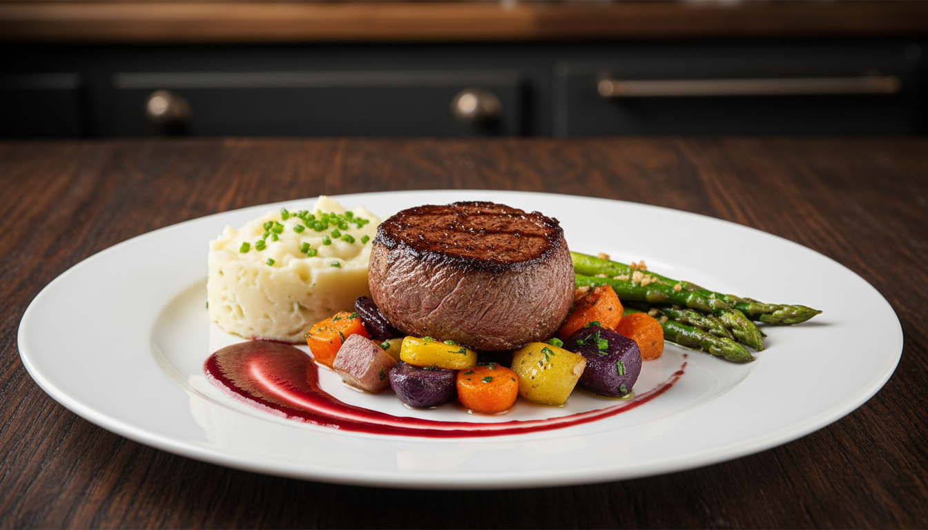Tournedos de boeuf servi avec des champignons et des légumes rôtis sur une table en bois.
