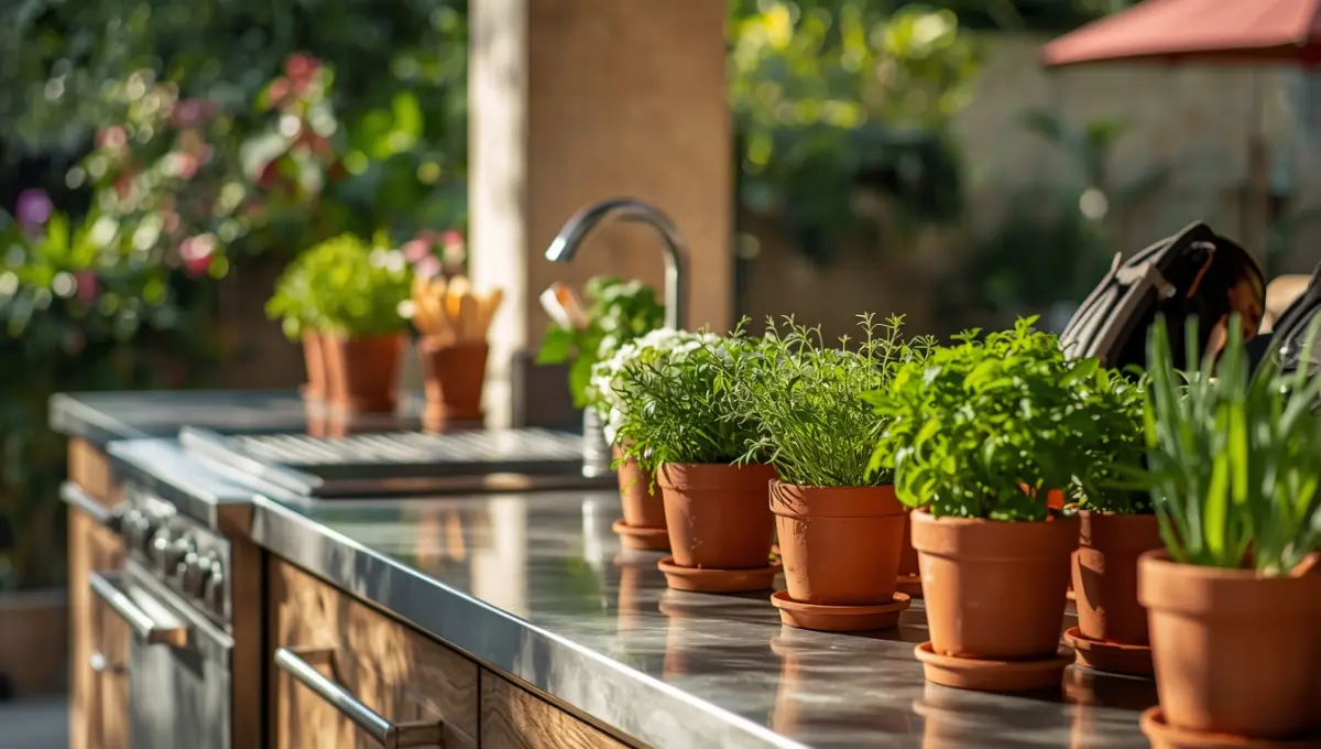 Aménagement d'une cuisine d'extérieur dans un jardin méditerranéen avec plan de travail en inox