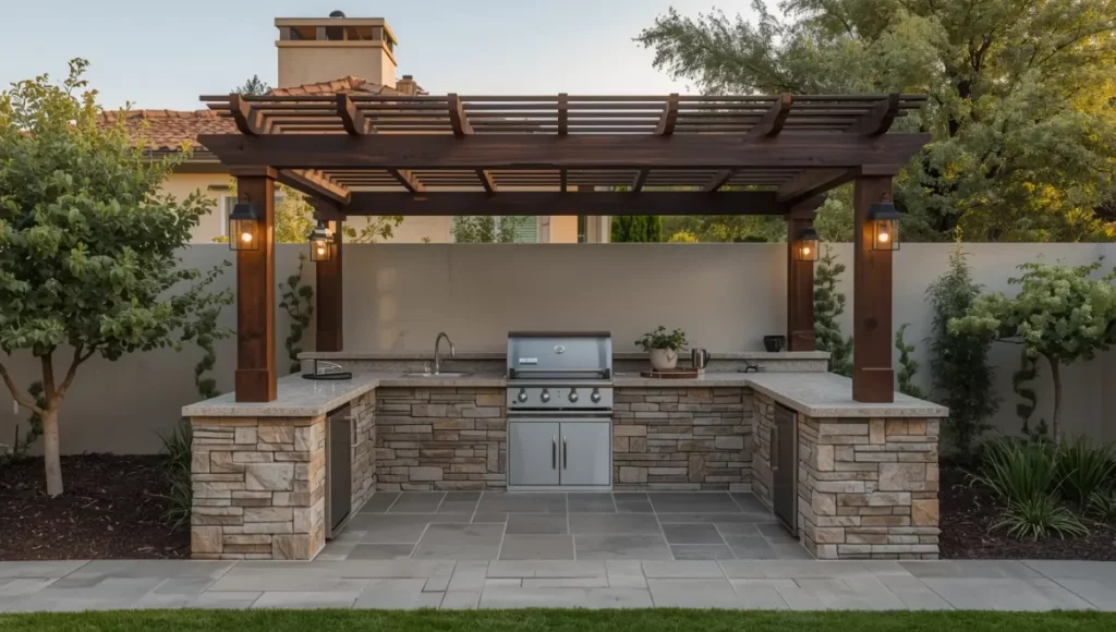 Emplacement idéal pour aménager une cuisine d'extérieur près de la maison avec pergola