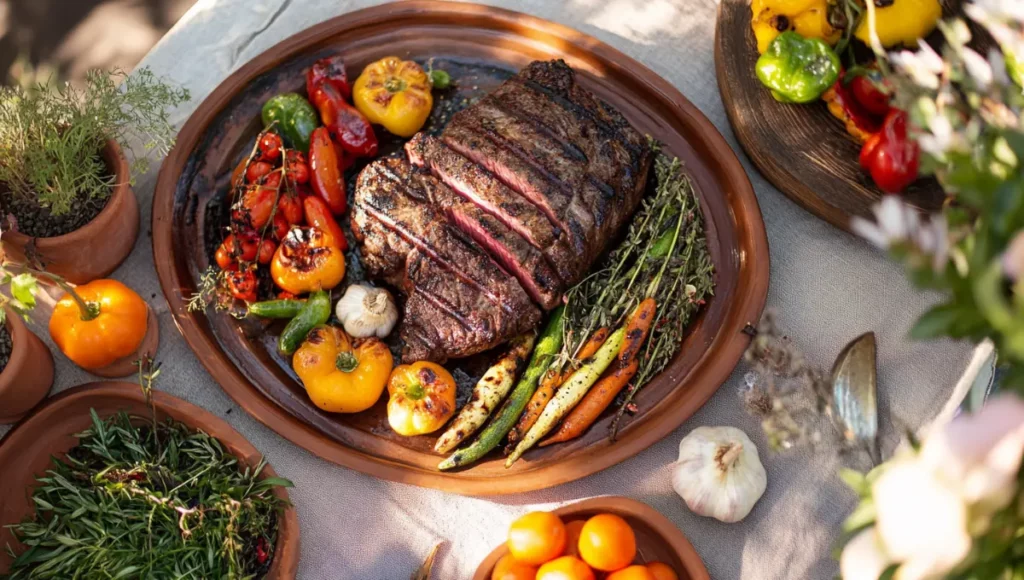 Table provençale avec côte de bœuf grillée et ses accompagnements estivaux - légumes du jardin, herbes fraîches