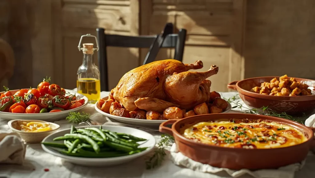 Accompagnement plat principal avec poulet rôti et légumes méditerranéens sur table provençale