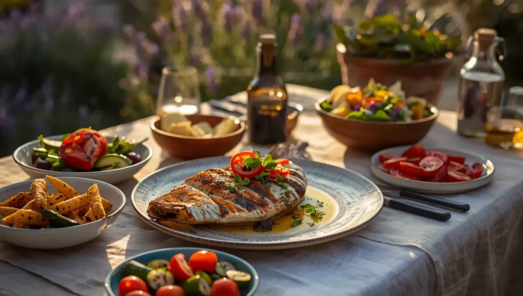 Table dressée sur une terrasse méditerranéenne avec poisson grillé et ses accompagnements de légumes et salade fraîche