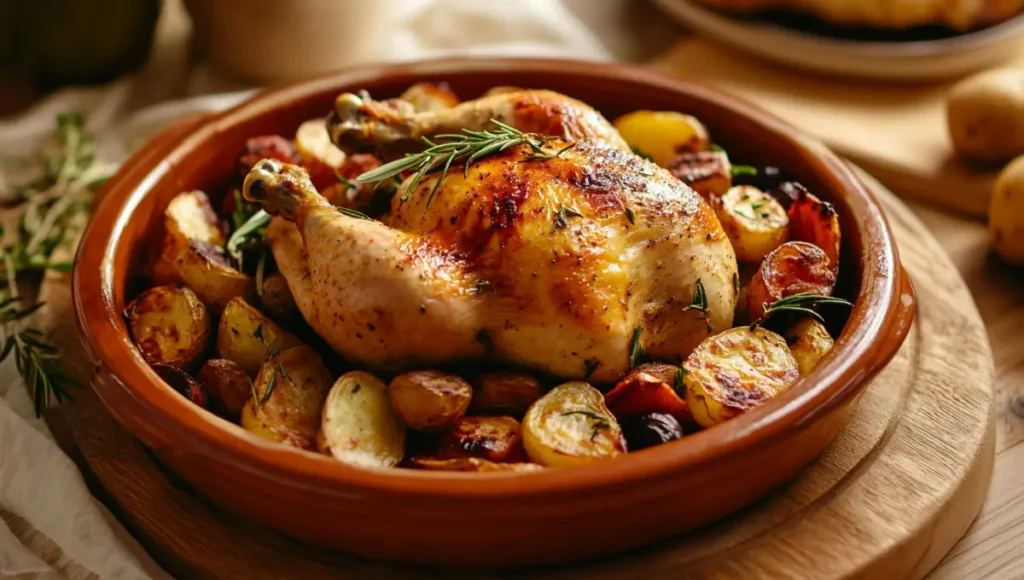 Poulet rôti doré en plat terracotta entouré de légumes provençaux rôtis, pommes de terre grenaille et romarin