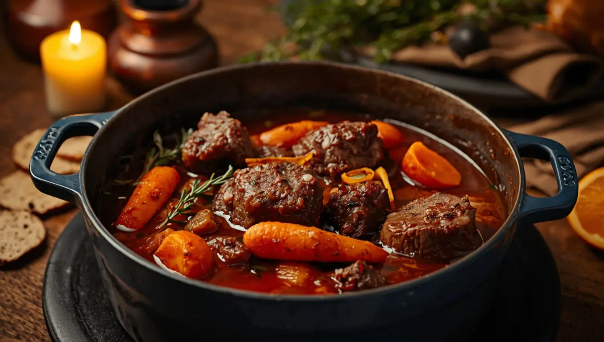 Daube provençale traditionnelle en cocotte en fonte, ragoût de boeuf au vin rouge avec carottes et zeste d'orange