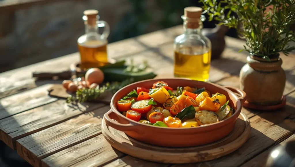 Idées d'accompagnements méditerranéens - légumes grillés, thym frais et huile d'olive sur table en bois rustique