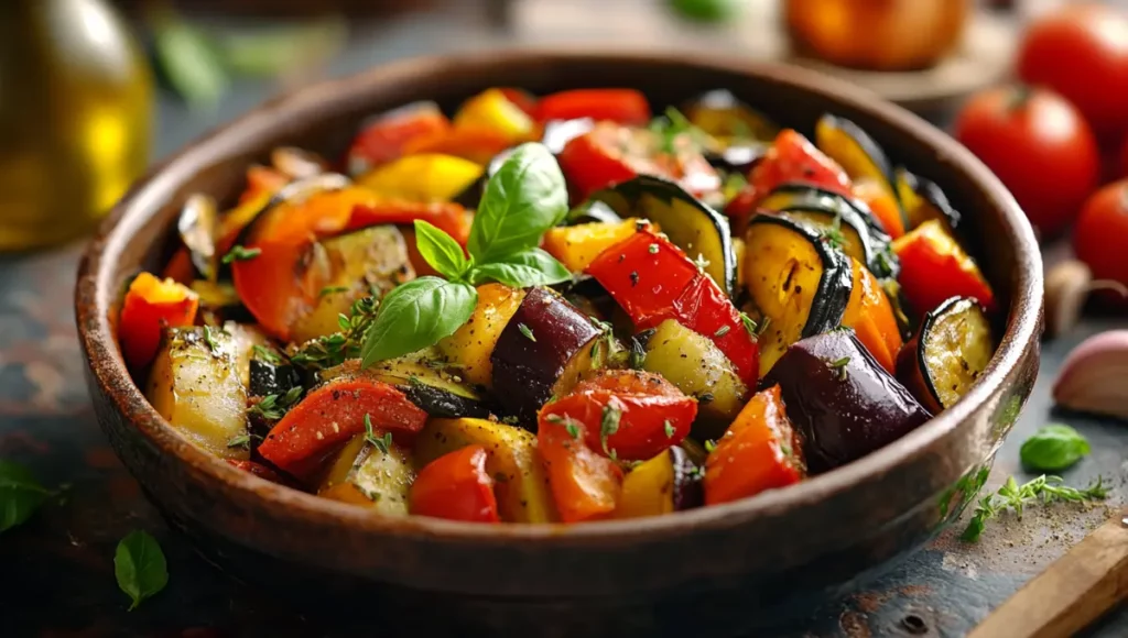 Ratatouille provençale traditionnelle en cocotte, légumes d'été mijotés à l'huile d'olive avec thym et basilic frais