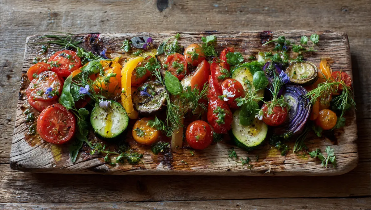 Légumes provençaux colorés sur table en bois avec herbes fraîches et huile d'olive, recettes provençales traditionnelles