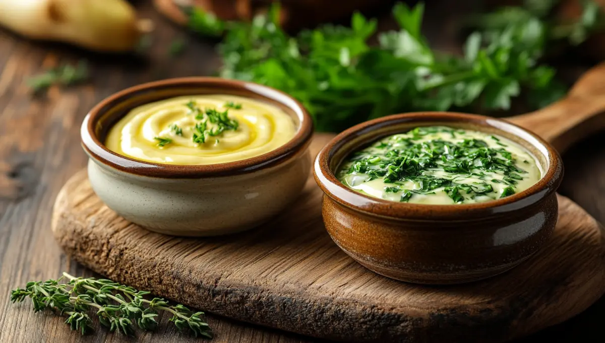 Sauces maison aïoli et chimichurri dans des petits bols en céramique pour accompagnement plancha