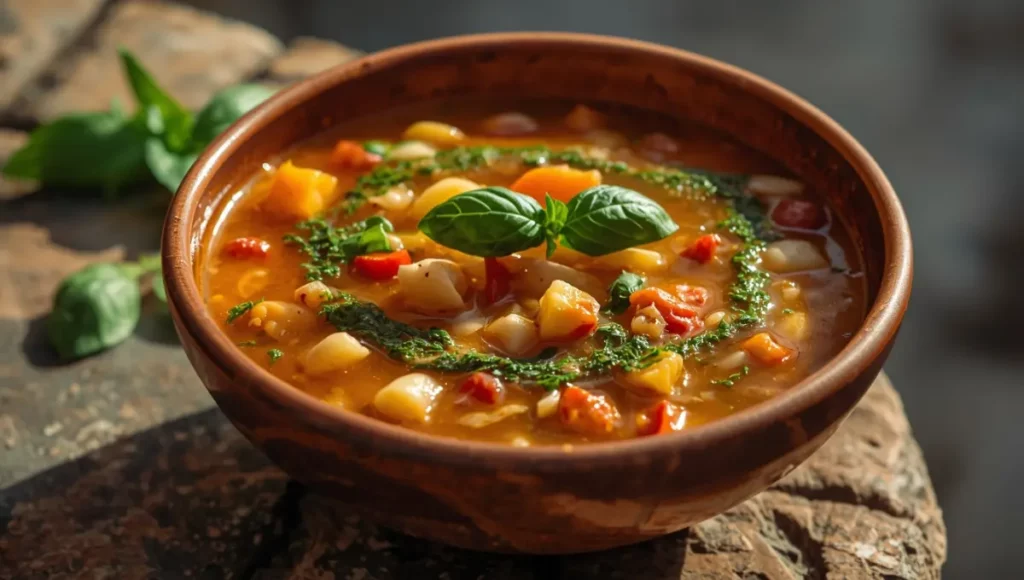 Soupe au pistou provençale dans un bol en céramique, haricots légumes pâtes et pistou basilic, cuisine méditerranéenne estivale